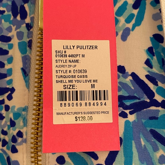 NWT -Lilly Pulitzer-Audrey Zip Up Jacket-M -Turquoise Oasis Shell Me You Love Me - Picture 3 of 3